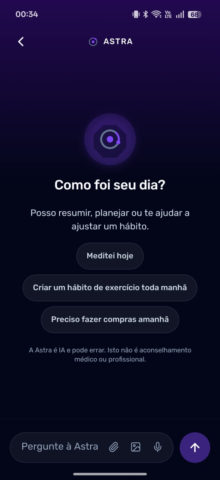 Astra AI coach chat offering to summarize the day or adjust a habit