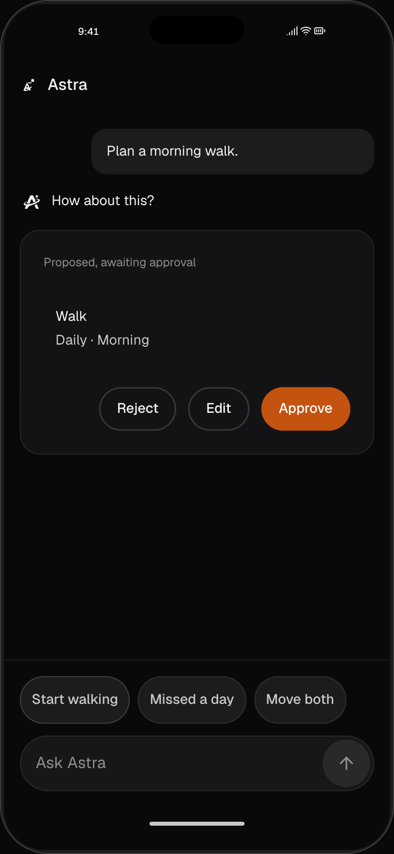 Orbit website demo showing Astra proposing a morning walk for approval