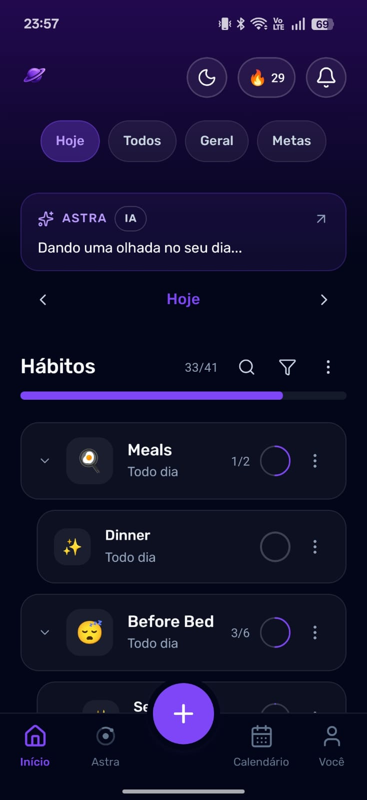 Today screen with the habit list, streak, and daily progress
